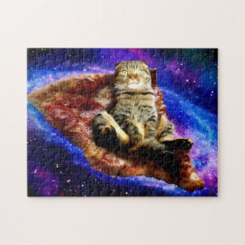 Space cat lying on a pizza jigsaw puzzle