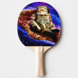 Space cat lying on a pizza ping pong paddle
