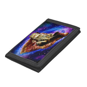 Space cat lying on a pizza trifold wallet