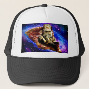 Space cat lying on a pizza trucker hat
