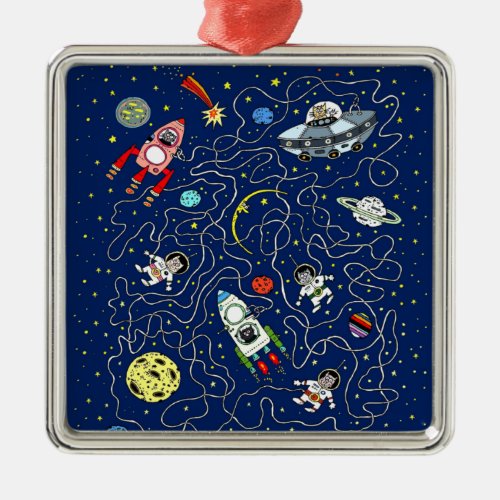 Space Cat Maze Game for Kids  Metal Ornament