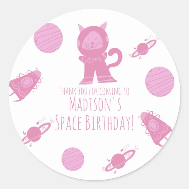 Space Cat Pink Galaxy Birthday  Classic Round Sticker (Front)