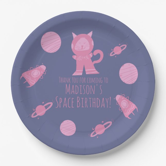 Space Cat Pink Galaxy Birthday  Paper Plates (Front)