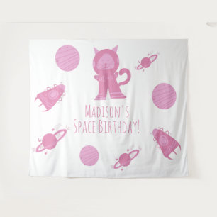 Space Cat Pink Galaxy Birthday Tapestry