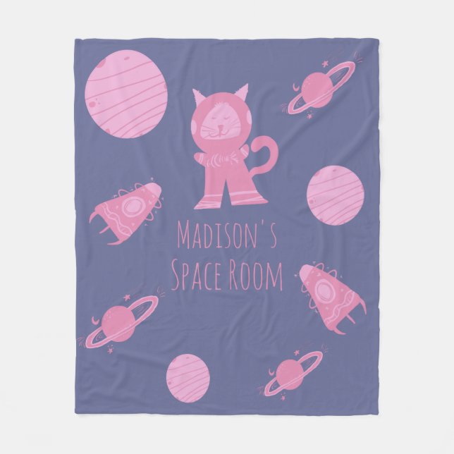 Space Cat Pink Girls Bedroom Purple  Fleece Blanket (Front)
