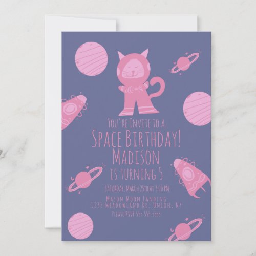 Space Cat Pink Purple Galaxy Birthday  Invitation