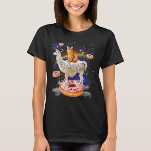 Space cat riding llama and donuts galaxy funny cat T_Shirt