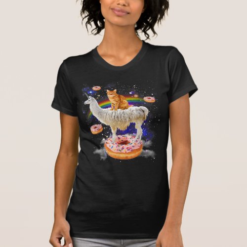 Space cat riding llama and donuts galaxy funny cat T_Shirt