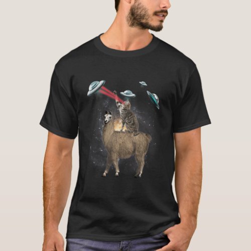 Space Cat Riding Llama Laser Eyes UFO Funny Cat Lo T_Shirt