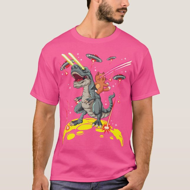 Space Cat Riding T-Rex Laser Eyes Alien Invasion T-Shirt (Front)