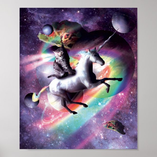Space Cat Riding Unicorn - Laser, Tacos And Rainbo Poster (Front)