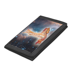 Space cat surfing on the bacon tri-fold wallet
