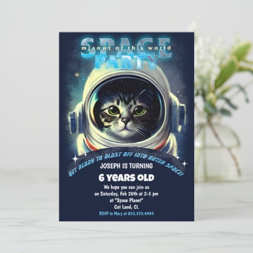 Space Cat Theme Birthday Party Invitation