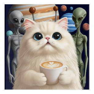 Space Cat with Aliens and Coffee Latte Art