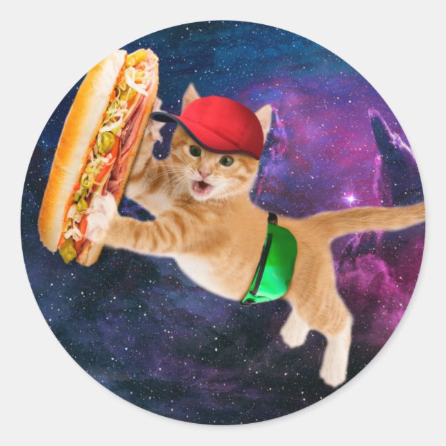 Space cat with caps and fanny pack classic round sticker (Front)