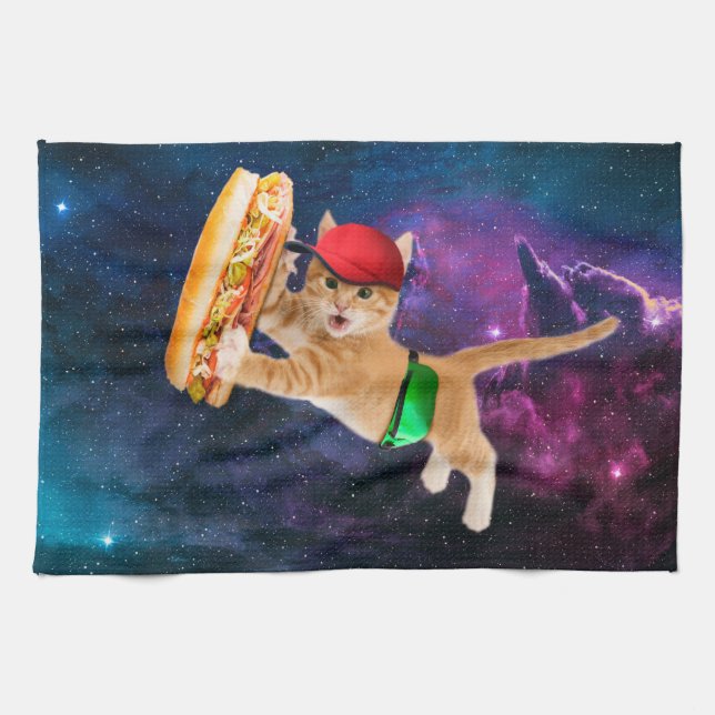 Space cat with caps and fanny pack kitchen towel (Horizontal)