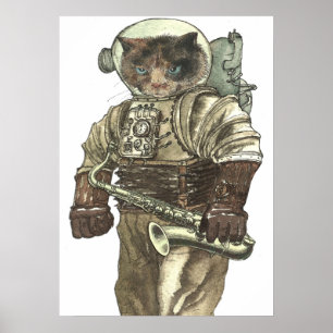 Space Cat with Saxophone Poster