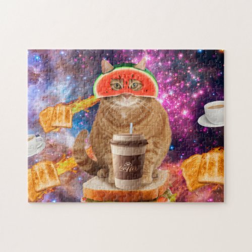 Space cat with watermelon glasses jigsaw puzzle