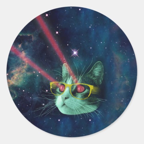 Space cat with yelow glasses classic round sticker