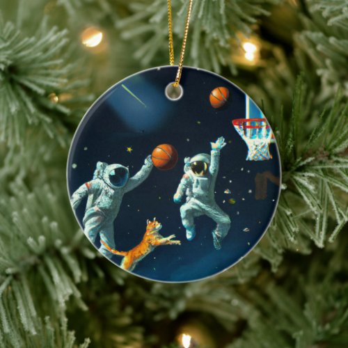 Space Cats Astronauts Playing Basketball Christmas Ceramic Ornament