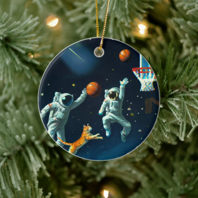 Space Cats Astronauts Playing Basketball Christmas Ceramic Ornament (Tree)