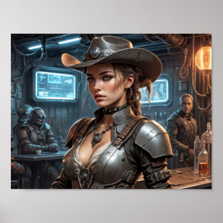 Space cow boy girl with cyber armor poster