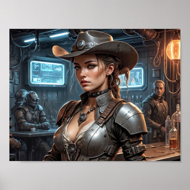 Space cow boy girl with cyber armor poster (Front)