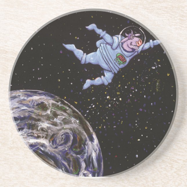 Space Cow Over Earth Sandstone Coaster (Front)