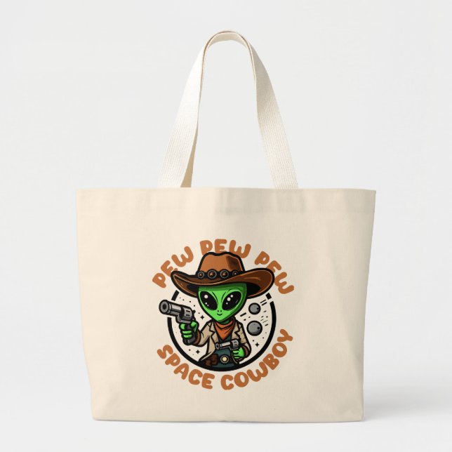 Space Cowboy Funny Alien Large Tote Bag (Front)