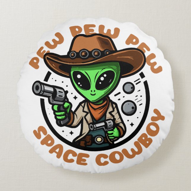 Space Cowboy Funny Alien Round Pillow (Front)