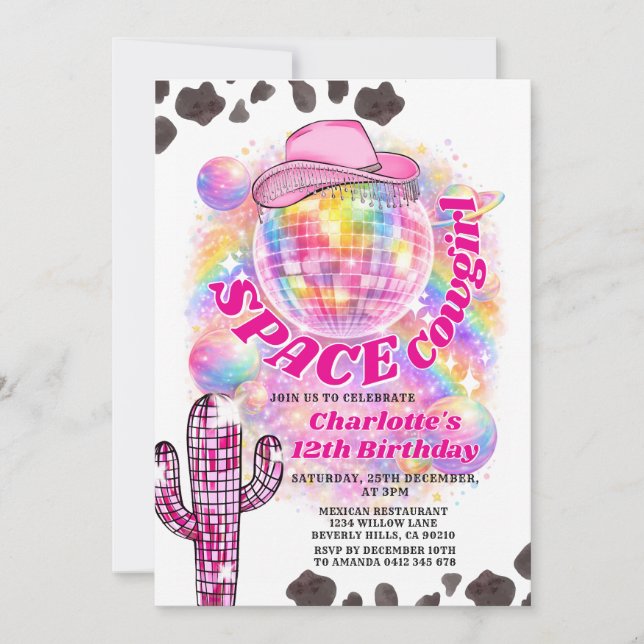 Space Cowgirl Birthday Invitation | Disco Cowgirl (Front)