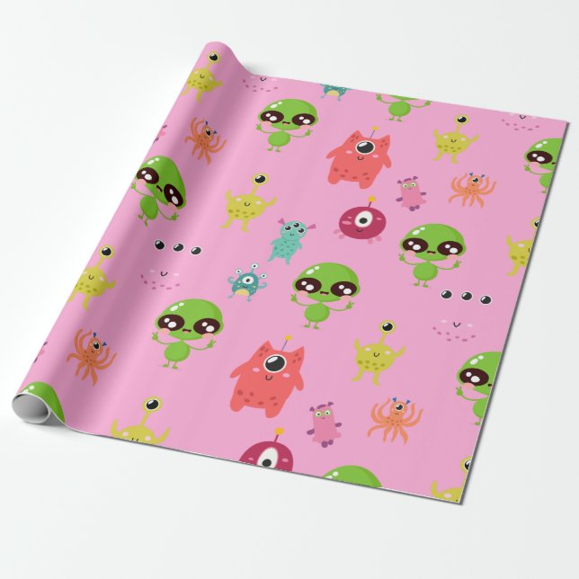 Space Cute Aliens Wrapping Paper (Unrolled)