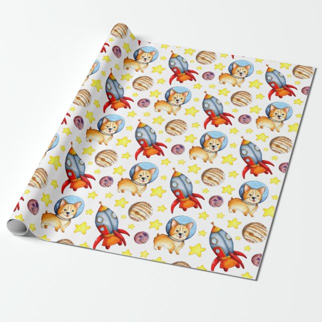 Space Cute Corgi Wrapping Paper (Unrolled)