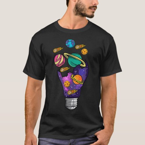 Space Day Astronomy Light Bulb Kids Planets Galaxy T_Shirt