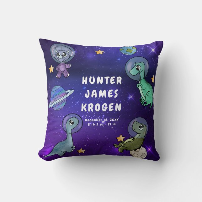 Space Dino Dinosaurs Planet Star Baby Birth Stats Throw Pillow (Front)
