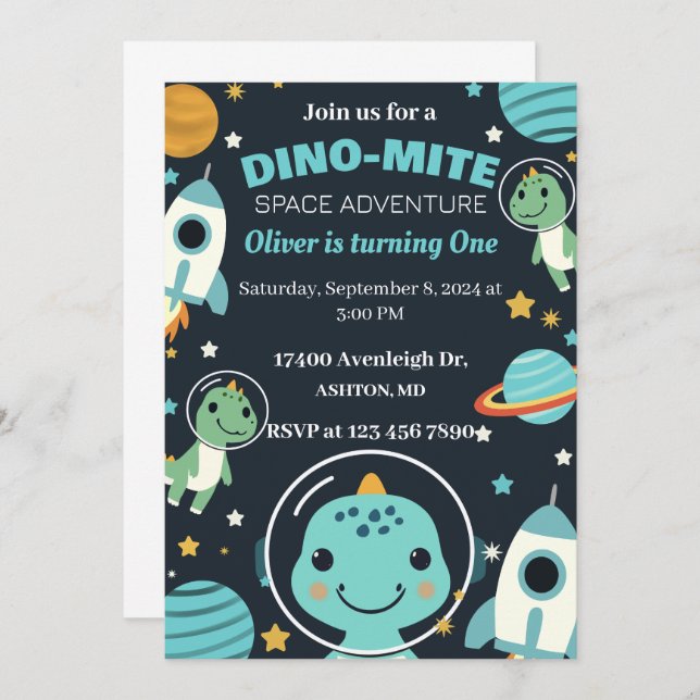 space dinosaur birthday invitation  (Front/Back)