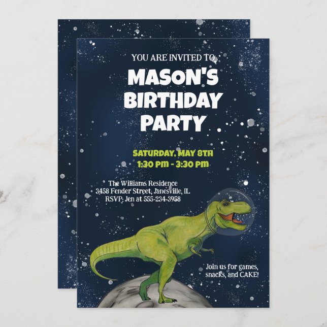 Space Dinosaur T-rex Birthday Party Invitation (Front/Back)