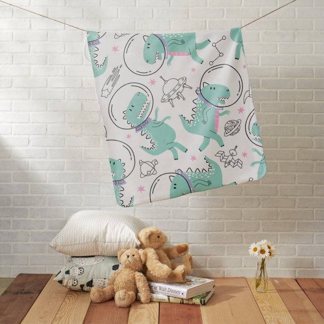 Space Dinosaurs, Cute Dinosaurs, Space Ship, Stars Baby Blanket (In Situ)