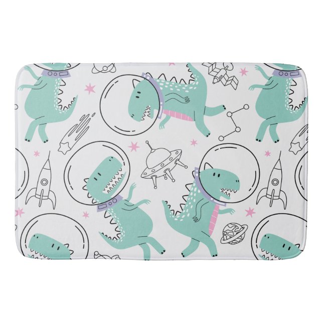 Space Dinosaurs, Cute Dinosaurs, Space Ship, Stars Bath Mat (Front)
