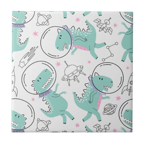 Space Dinosaurs Cute Dinosaurs Space Ship Stars Ceramic Tile