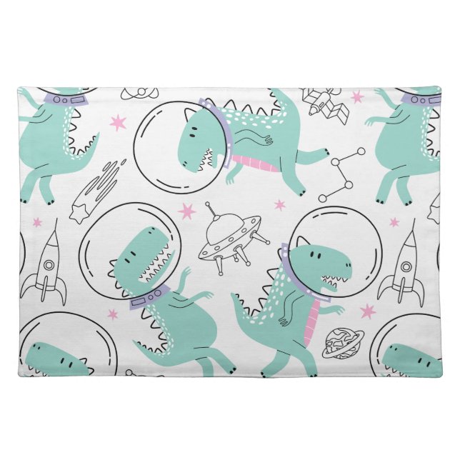 Space Dinosaurs, Cute Dinosaurs, Space Ship, Stars Cloth Placemat (Front)