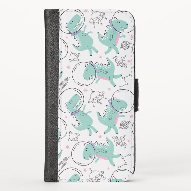 Space Dinosaurs, Cute Dinosaurs, Space Ship, Stars iPhone Wallet Case (Front)
