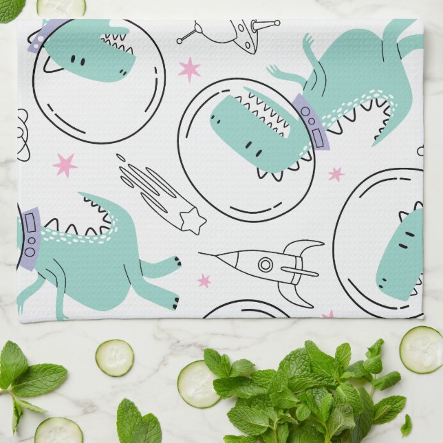 Space Dinosaurs, Cute Dinosaurs, Space Ship, Stars Kitchen Towel (Folded)