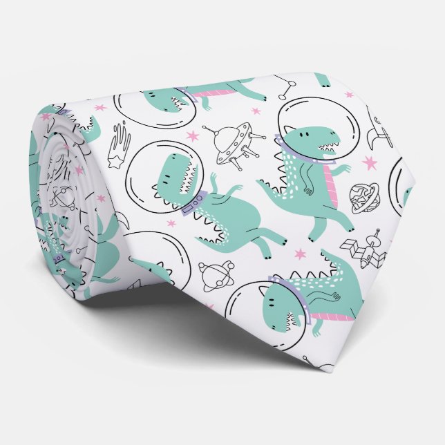Space Dinosaurs, Cute Dinosaurs, Space Ship, Stars Neck Tie (Rolled)