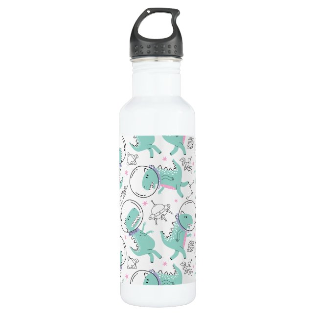 Space Dinosaurs, Cute Dinosaurs, Space Ship, Stars Stainless Steel Water Bottle (Front)