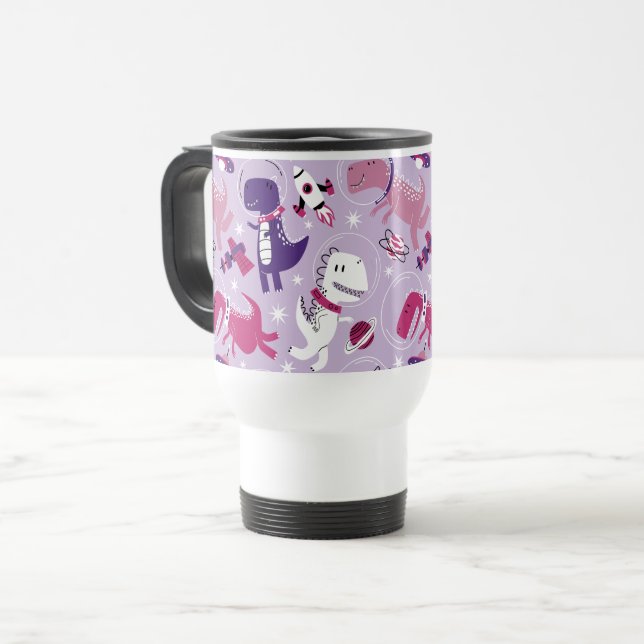 Space Dinosaurs, Cute Dinosaurs, Stars, Space Ship Travel Mug (Front Left)