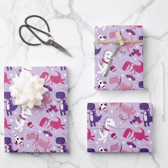 Space Dinosaurs, Cute Dinosaurs, Stars, Space Ship Wrapping Paper Sheets (Front)