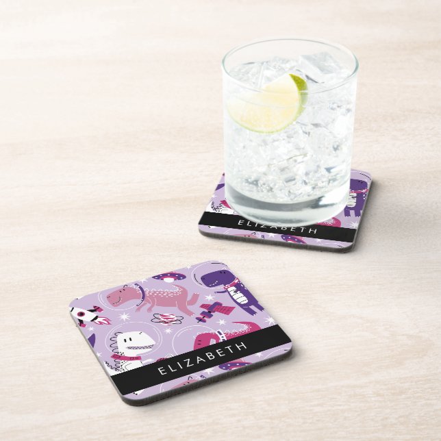 Space Dinosaurs, Cute Dinosaurs, Stars, Your Name Beverage Coaster (Right Side)