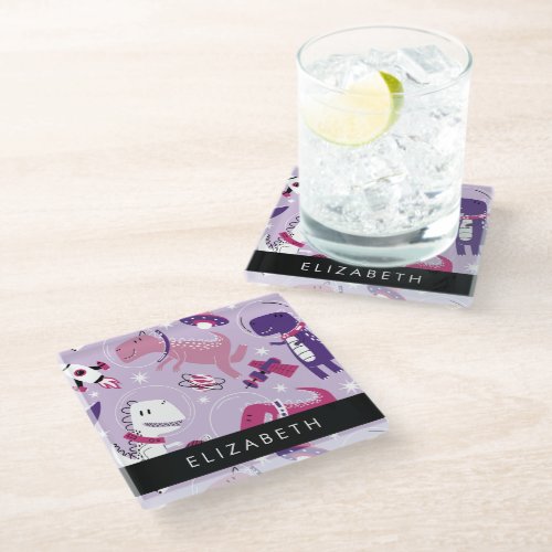 Space Dinosaurs Cute Dinosaurs Stars Your Name Glass Coaster