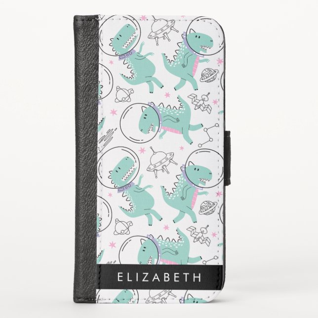 Space Dinosaurs, Cute Dinosaurs, Stars, Your Name iPhone Wallet Case (Front)